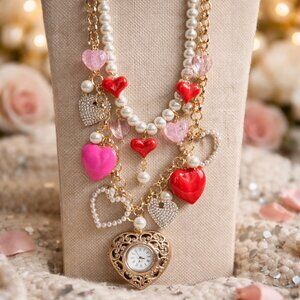 Unique Multi Heart Charm Necklace with pearls and Vintage clock heart pendant